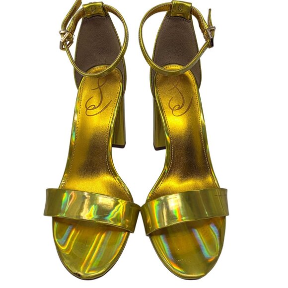 Holographic Sam Edelman Yaro Gold Ankle Strap Block Heel Sandals Womens US 7.5M - Picture 3 of 6